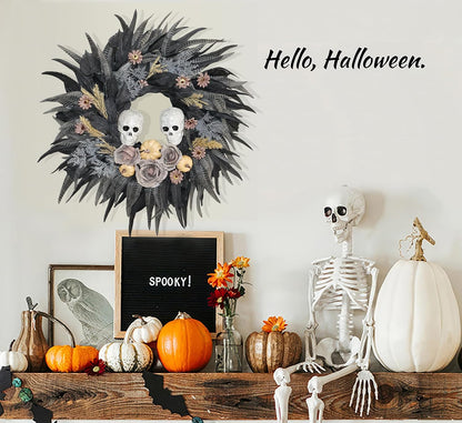 24" Halloween Wreath with 2 Skulls, 3 Pumpkins and Withered Roses