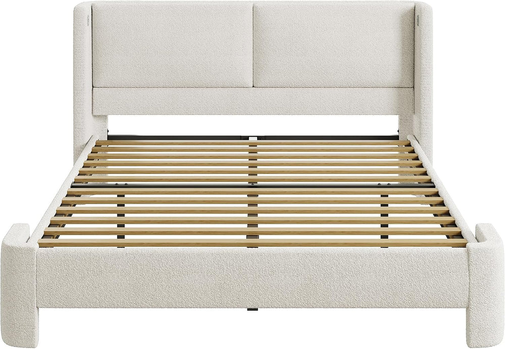 LIKIMIO Queen Bed Frame with USB Ports & Wingback Headboard, Cream White