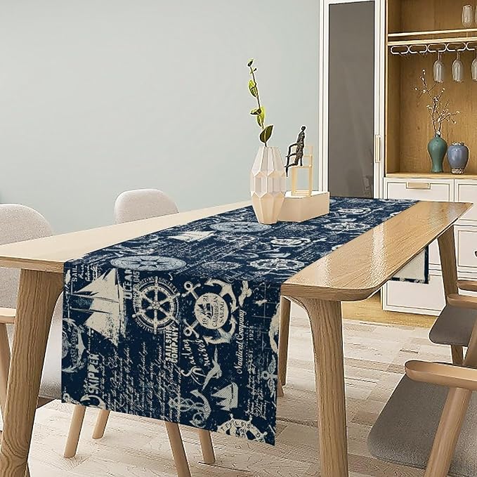 Marine Ship Table Runner, Nautical Pattern Seasonal Farmhouse Sea Rustic - Image 3