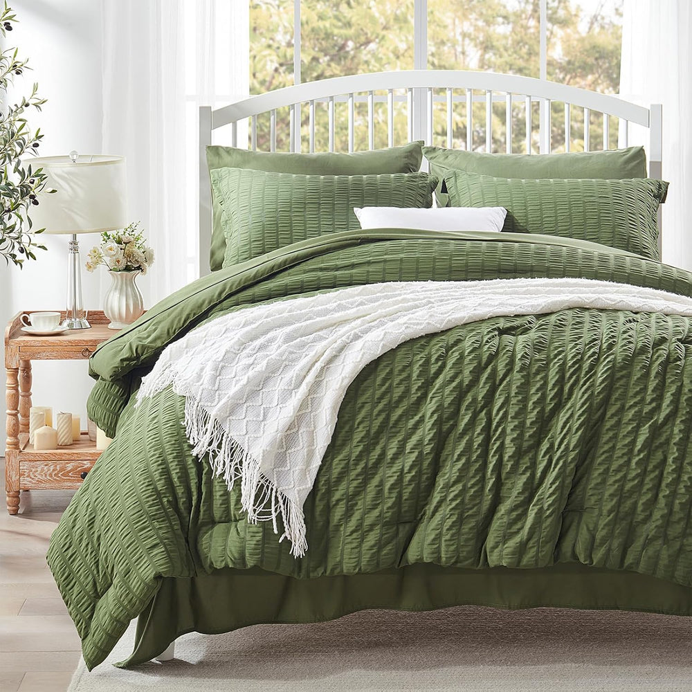 Queen Comforter Set 7 Piece, Green Bed in a Bag Queen Bedding Sets