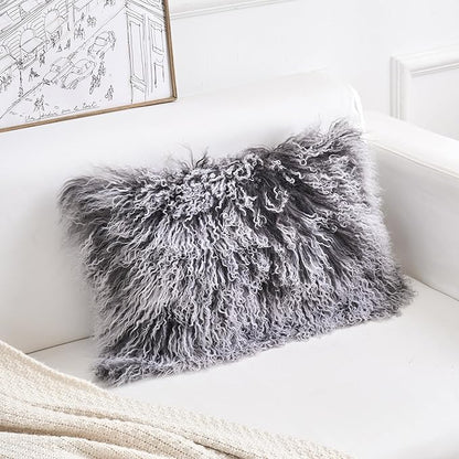 Genuine Mongolian Lamb Fur Pillow Cover – 12"x20" Rectangular Cushion Case – - Image 3