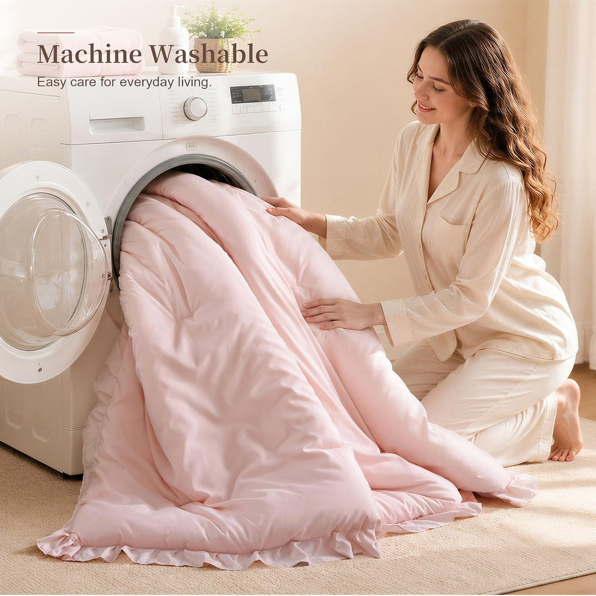 janzaa blush pink comforter set full, ruffle soft, package contents