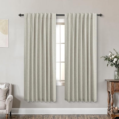 KOUFALL Neutral Greige Curtains Black Out 63 Inch Long, Back Tab Linen Blackout by KOUFALL