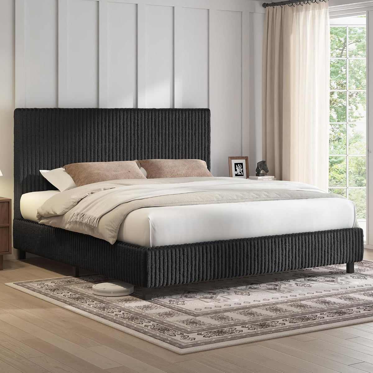 amerlife upholstered bed frame, metal bed with headboard showing dimensions