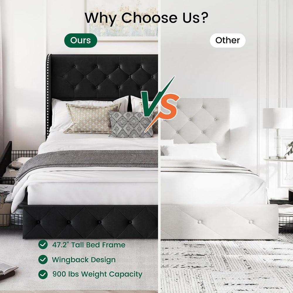 LARMACE Queen Size Bed Frame with 4 Storage Drawers and 47.2" Tall Wingb...