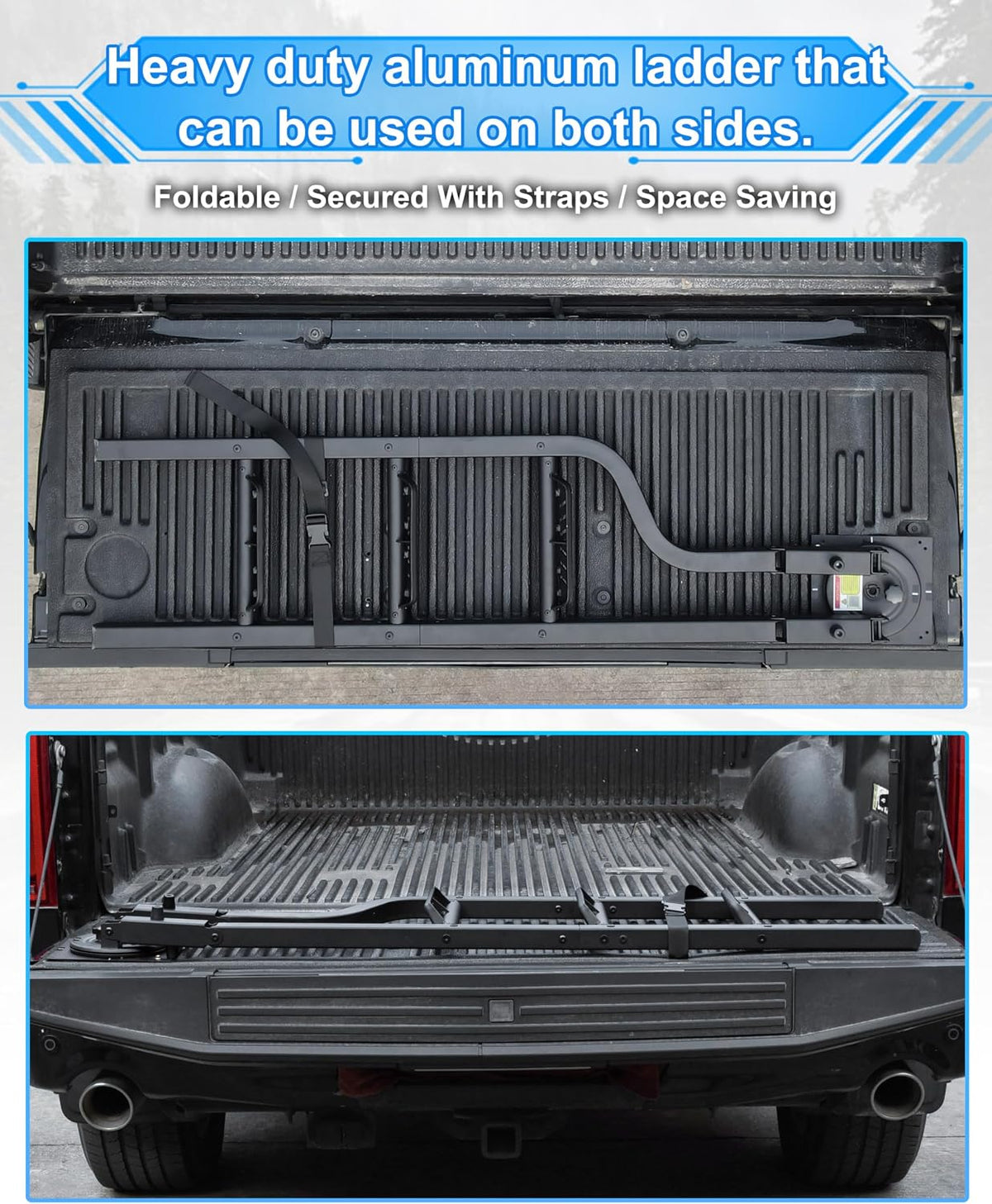 rotatable universal pickup truck tailgate ladder, 600-lb capacity showing dimensions
