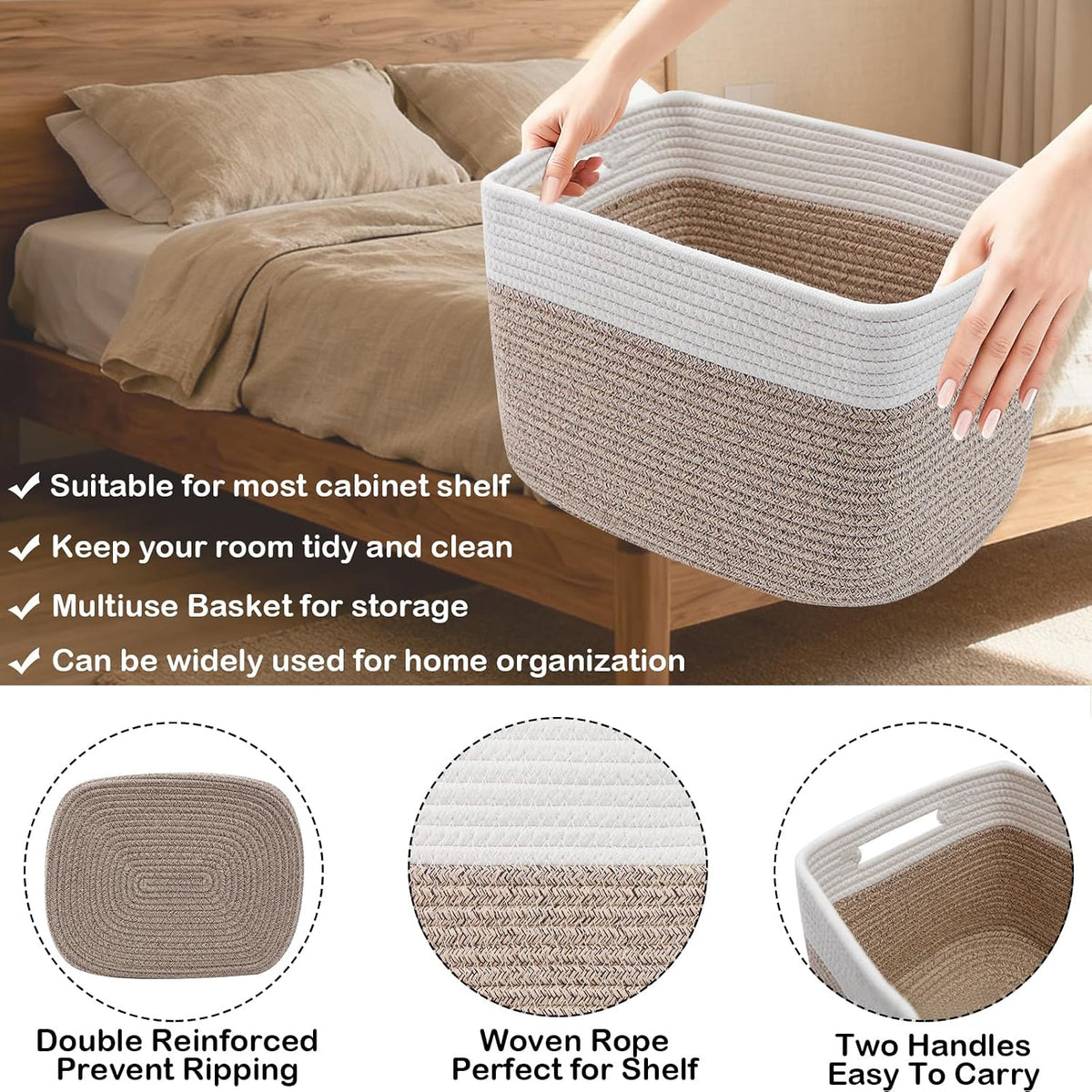 woven baskets,storage baskets for shelves with handles, close-up detail