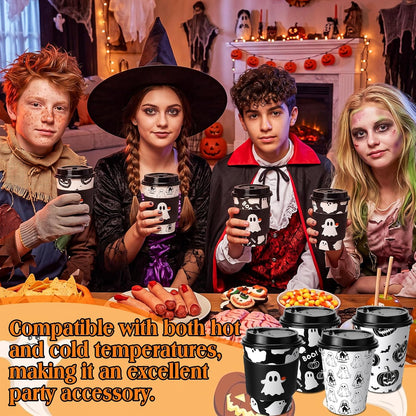 Suclain 100 Sets Halloween Disposable Coffee Cups with Lids & Sleeves, 12 oz Ghost Pumpkin Cat Pattern Paper Cups for Hot Cold Drinks Trick or Treat Party Supplies