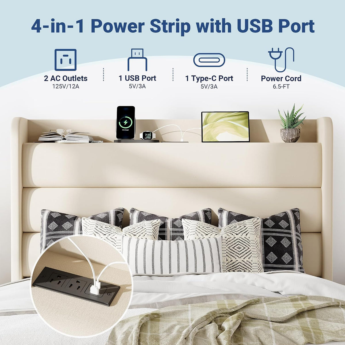 allewie full size upholstered bed frame with charging showing dimensions