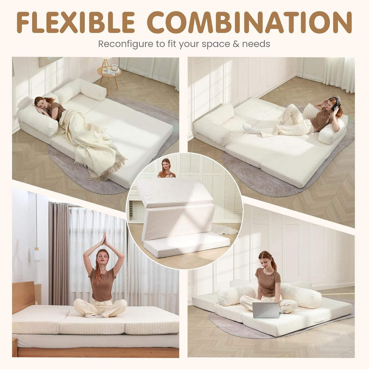 convertible sofa bed queen,5-in-1 tri-fold boneless couch with, close-up detail