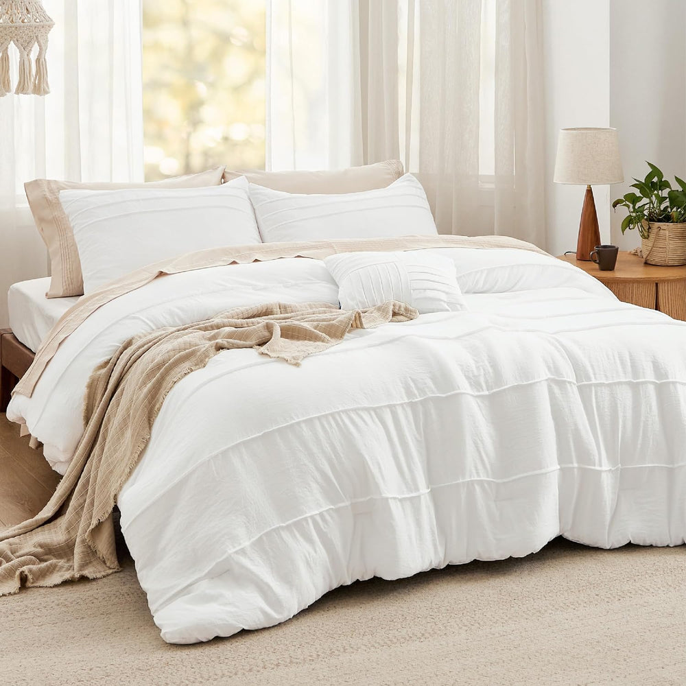 Bedsure Twin Comforter Set 3 Piece, White Boho, Pinch Pleat, All-Season