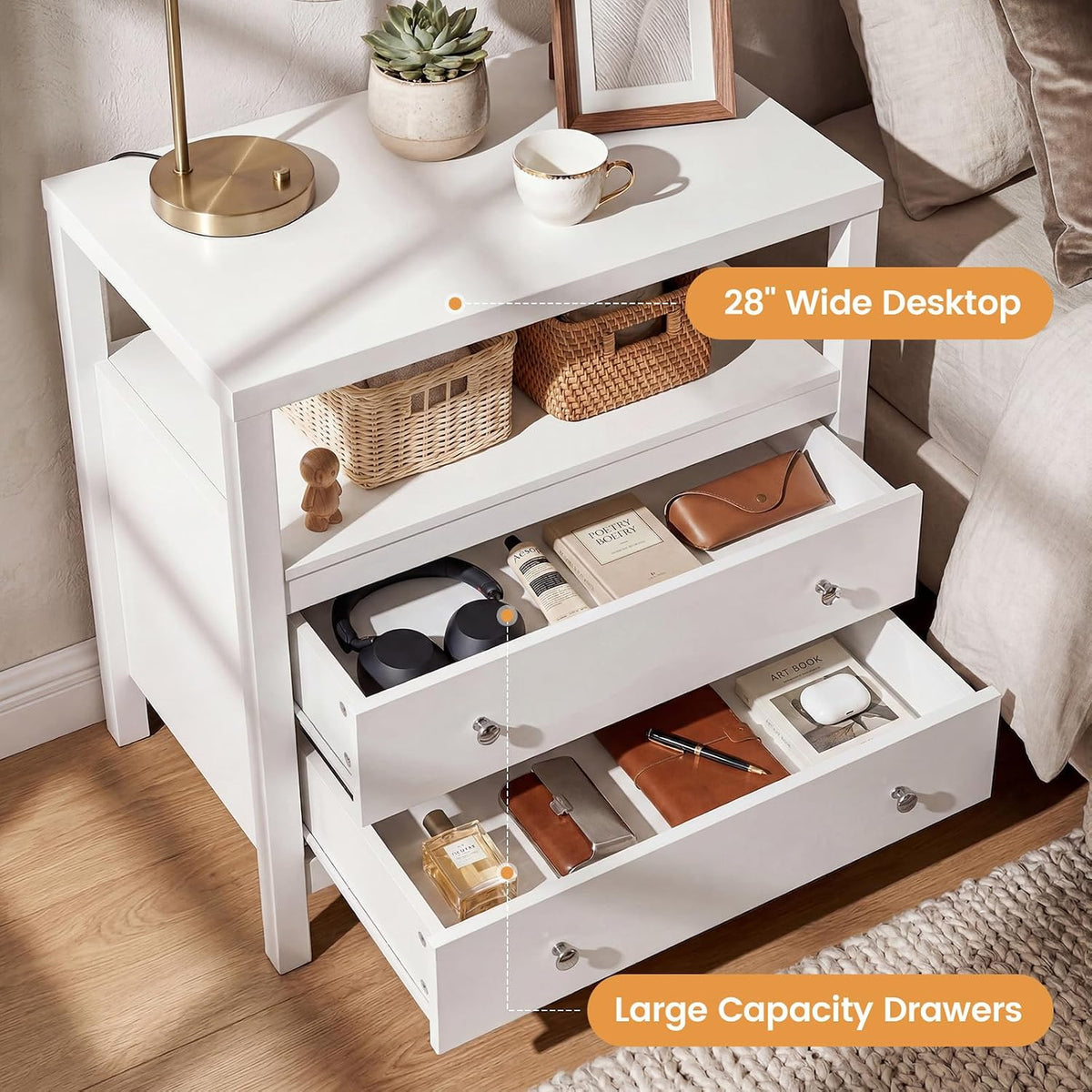 28 inch wide night stand, white nightstand with, close-up detail