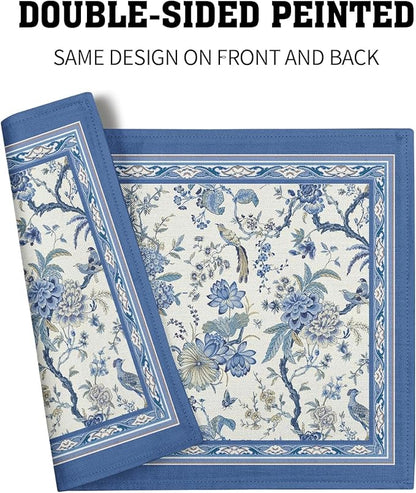 Giwawa 4PCs Chinoiserie Placemats Blue White Floral Birds Decorative Linen - Image 5