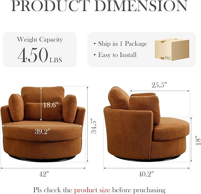 Aoiy & Wifon 42" W Oversized Swivel Accent Chair, Upholstered Round Barrel Chair - Image 2