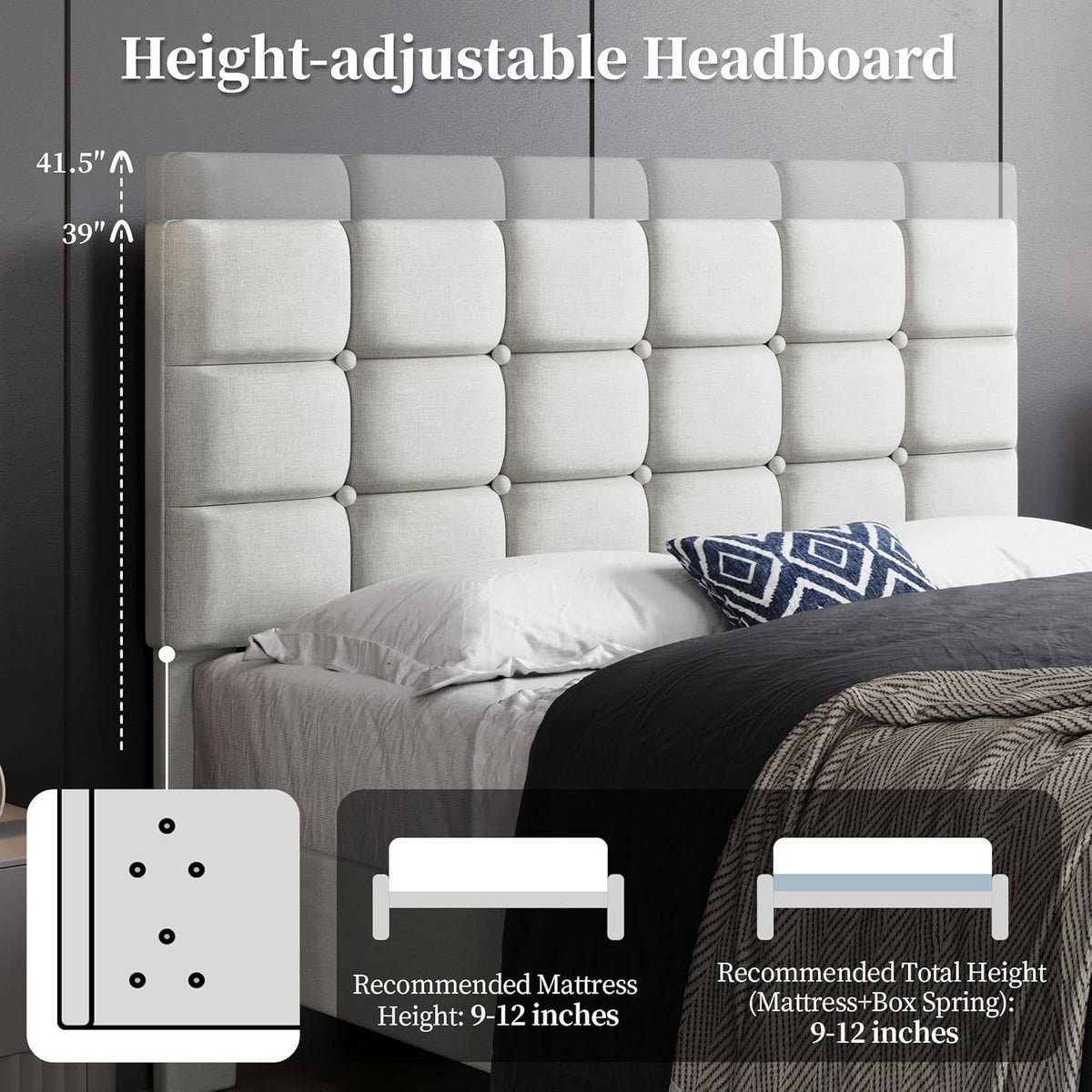 yaheetech full size upholstered tufted bed frame with showing dimensions