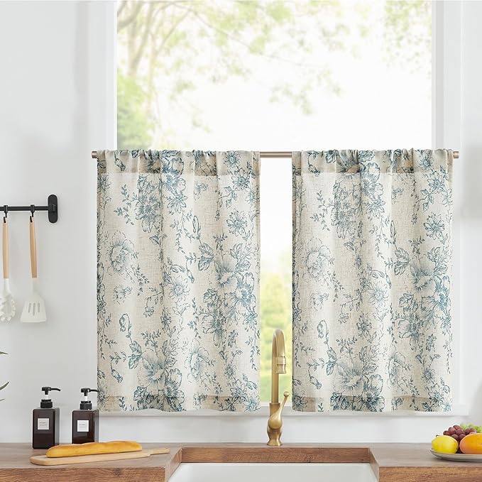 jinchan Linen Kitchen French Floral Tier Curtains 30 Inch Farmhouse Vintage by JINCHAN