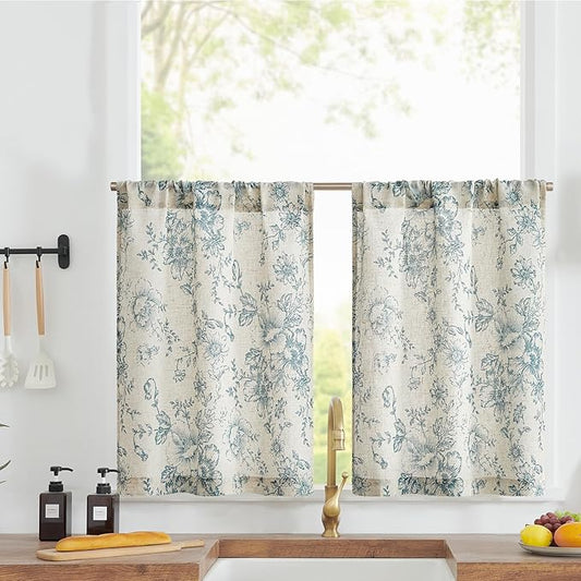 jinchan Linen Kitchen French Floral Tier Curtains 30 Inch Farmhouse Vintage by JINCHAN