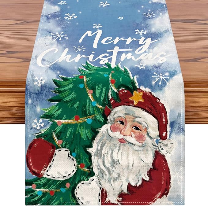 OTOSTAR Christmas Tree and Santa Claus Merry Christmas Table Runner, Xmas by OTOSTAR