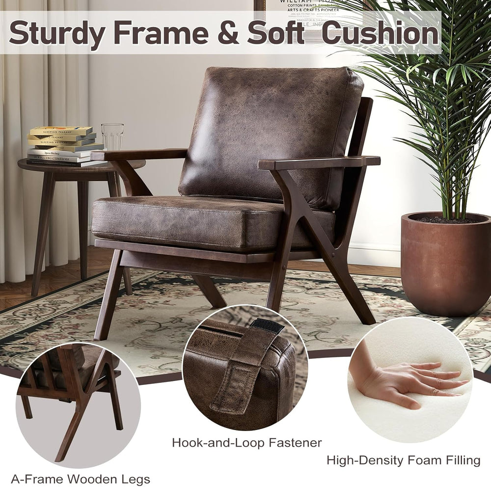 ANJ Faux Leather Accent Chair with Overstuffed Cushion, Mid-Century Modern Ar...