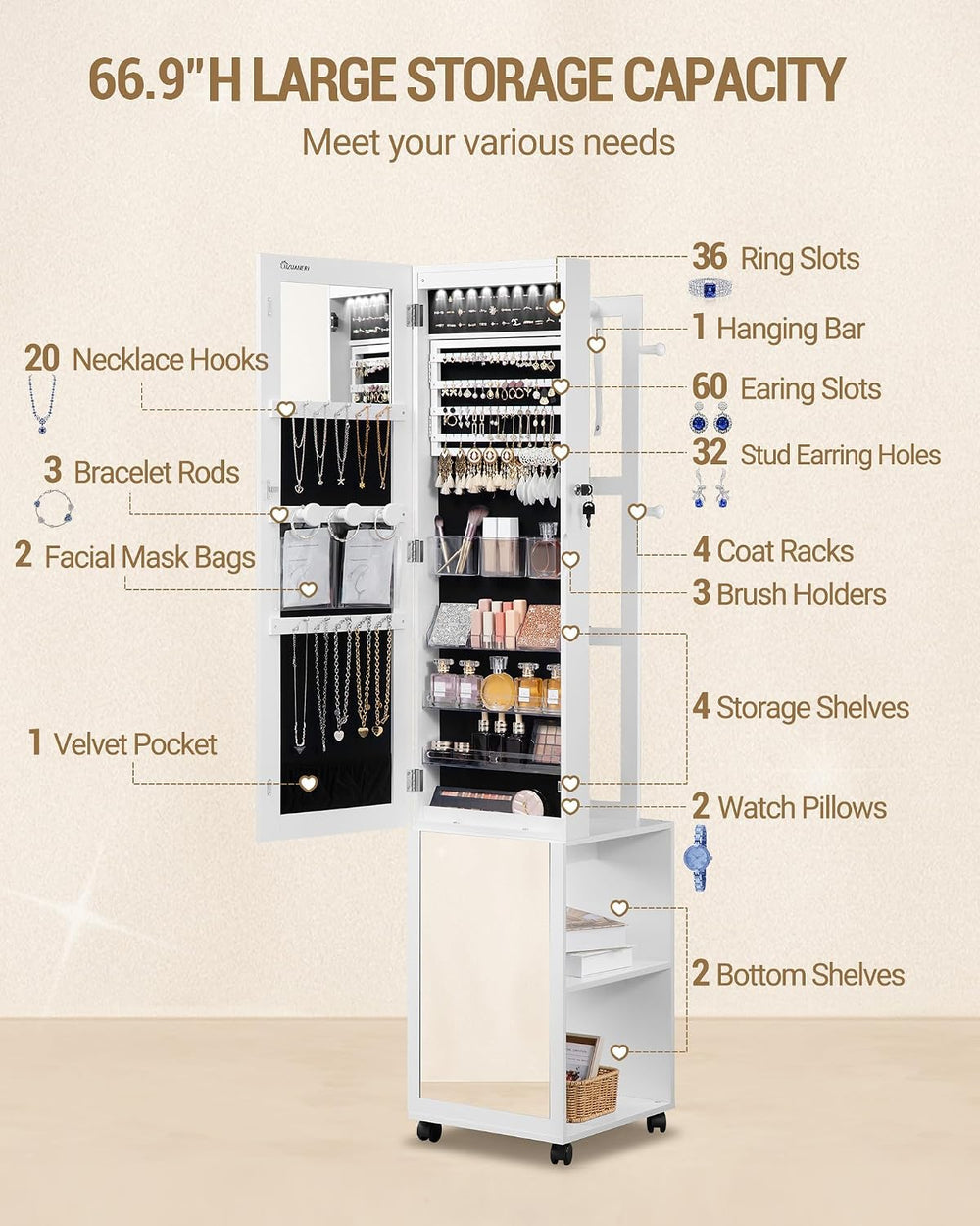 Hzuaneri 8 LEDs Jewelry Cabinet Armoire, 66.9-inch Jewelry Organizer