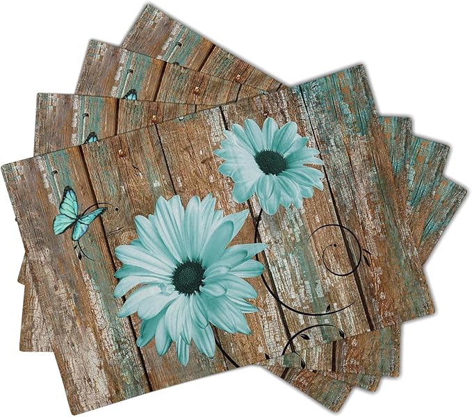 Giwawa Rustic Daisy Placemats Set of 4- Teal Sunflowers on Vintage Wood Board - Image 2