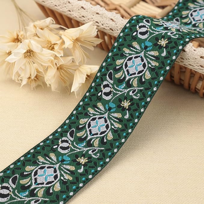 Boho Jacquard Ribbon Floral Ribbon Green Embroidery Jacquard Trim by AIETSYEI