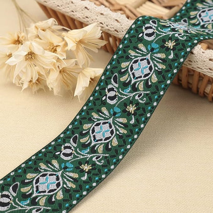 Boho Jacquard Ribbon Floral Ribbon Green Embroidery Jacquard Trim by AIETSYEI