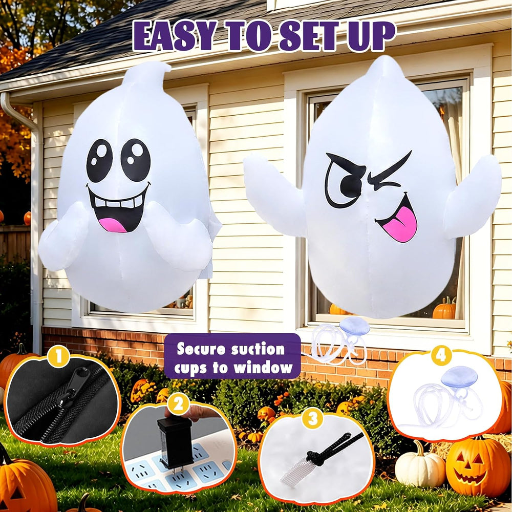 2 Pack 2.6 FT Halloween Inflatables Window Ghosts with Built-in LED Lights