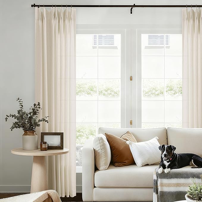Cream Beige Pinch Pleated Linen Curtains 84 Inches Long by DUKIYO