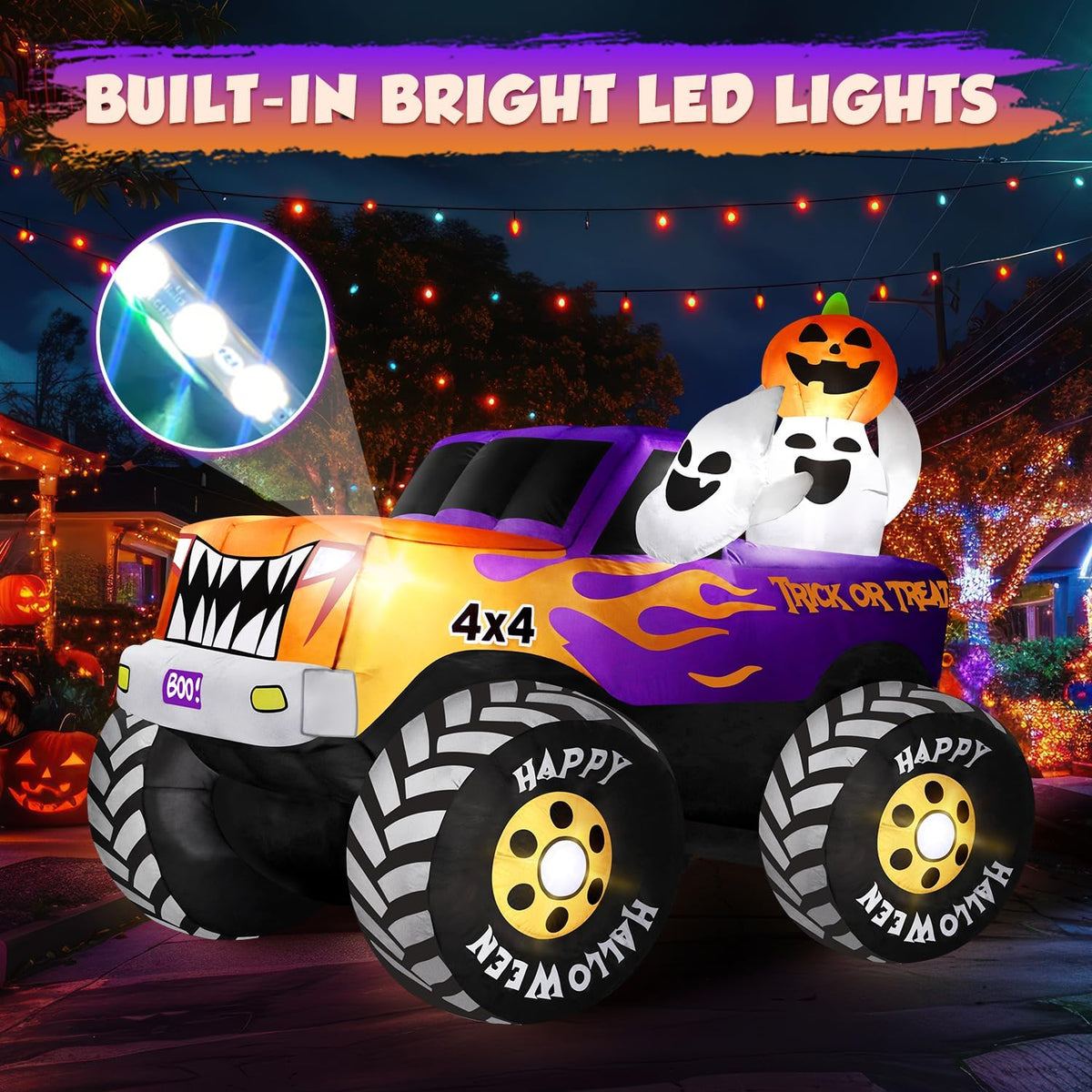 zukakii 8FT Long Halloween Inflatables Decoration Outdoor Monster Truck Car with Ghosts & Pumpkin, Giant Halloween Blow Up Yard Decorations Huge Blowups Built-in LED Light Strong Blower for Festival
