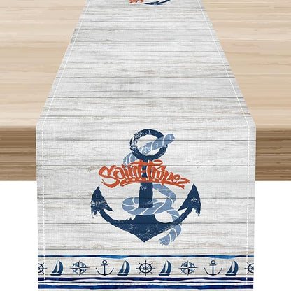 Nautical Anchor Table Runner, Retro Coastal Sailing Ship Anchor Wooden Plank by Unknown