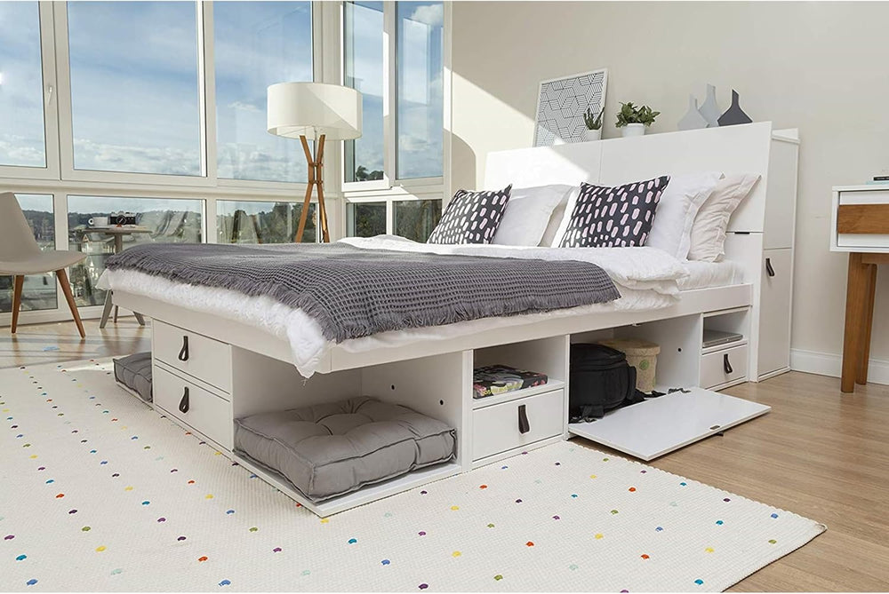 memomad Bali Chest Set: Bed + Storage Headboard, Queen Size, Matte White