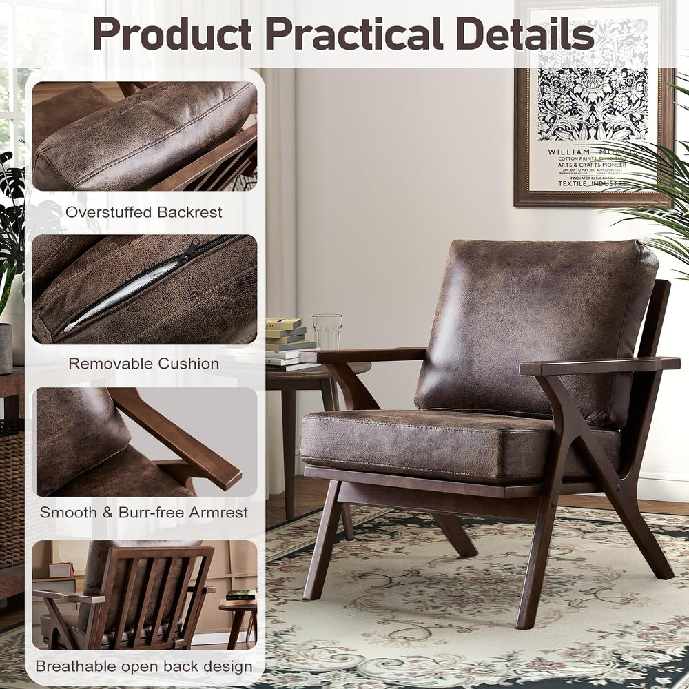 ANJ Faux Leather Accent Chair with Overstuffed Cushion, Mid-Century Modern Ar...