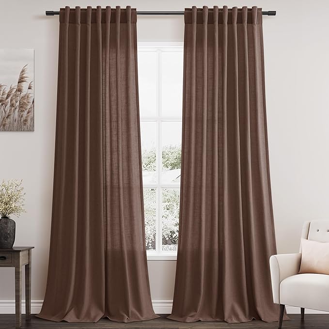 Mocha Mousse Linen Textured Semi Sheer Curtains 96 Inch Long 2 Panel Set Back by Nanspring