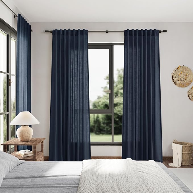 Vintage Blue Linen Curtains 90 Inch Long 2 Panels Set - Image 7