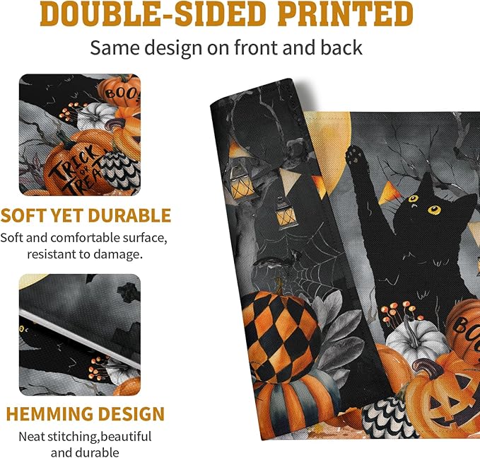 Black Cat Halloween Placemats Set of 4 Spooky Pumpkin Boo Bat Moon Horror Place - Image 5