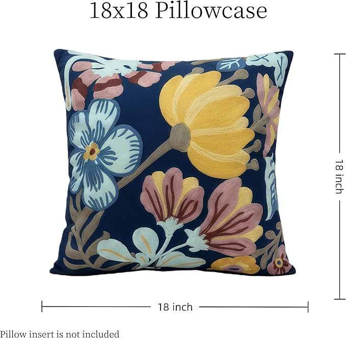 18x18 Embroidered Throw Pillow Covers Set – Blue Pumpkin Blossom Cotton - Image 6