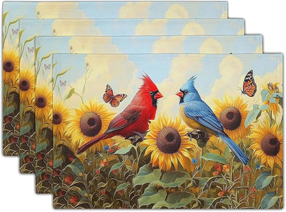 Giwawa Sunflower Birds Placemats Set of 4, Summer Sun Flower Butterflies Linen by Giwawa