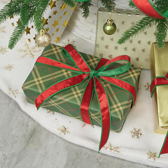 MEEDEE Crushed Red Velvet & Green Back Double Sided Christmas Wired Ribbon - Image 5