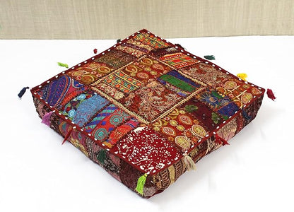 CRAFT KALA Indian Square Patchwork Traditional Pouf Cover Indian Living Room - Image 9
