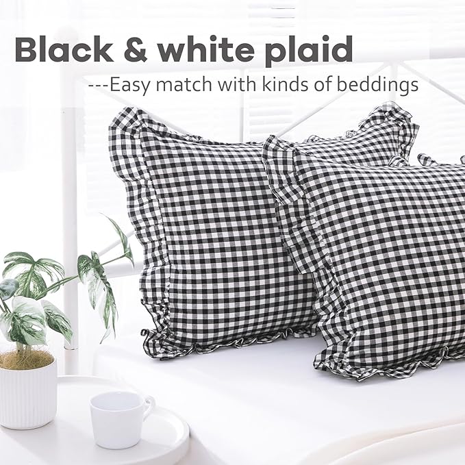2 Pack Black and White Plaid Ruffle King Size Pillow Shams, 100% Washed Cotton - Image 2