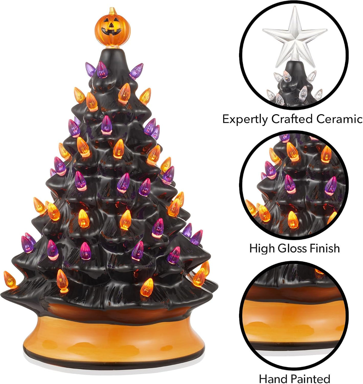 Casafield Hand-Painted Ceramic Halloween Tree, 15-Inch Pre-Lit Decoration with 128 Multi-Color Lights, Jack-O-Lantern and Star Toppers