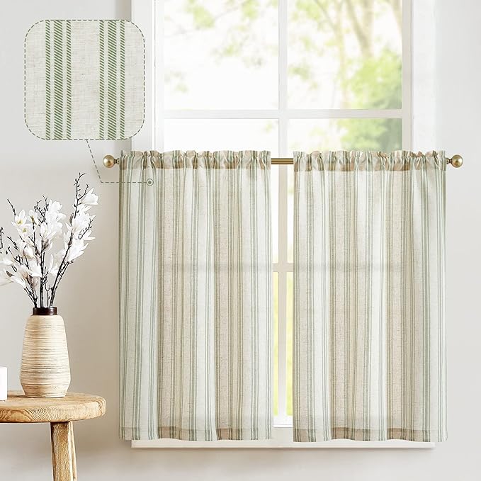 jinchan Striped Linen Kitchen Curtains 24 Inch Cafe Tier Curtains Balanced by JINCHAN