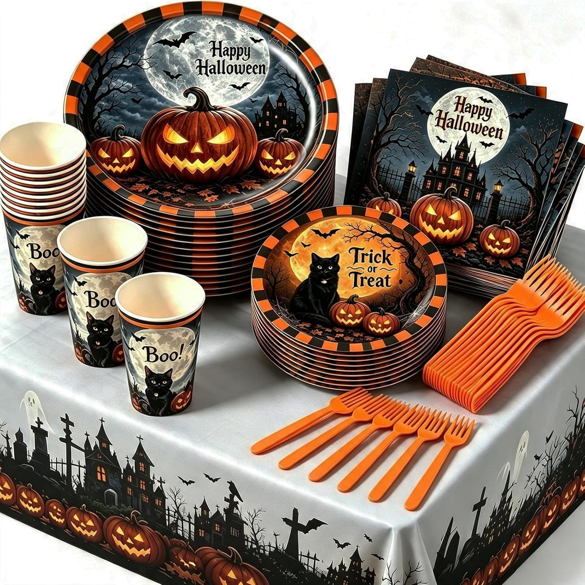 Halloween Party Supplies Plates and Napkins Set, Halloween Disposable Tableware with Dinner Plates, Dessert Plates, Cups, Napkins, Forks & Tablecloth for Halloween Party Decorations, Serves 24