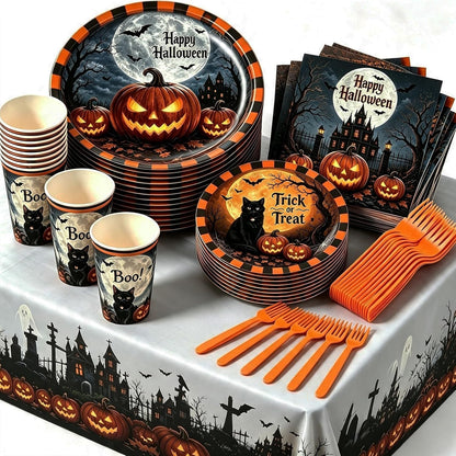 Halloween Party Supplies Plates and Napkins Set, Halloween Disposable Tableware with Dinner Plates, Dessert Plates, Cups, Napkins, Forks & Tablecloth for Halloween Party Decorations, Serves 24
