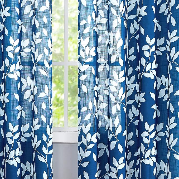 White and Blue Curtains for Bedroom 72" Length Semi-Sheer Print Leaf Curtains - Image 4