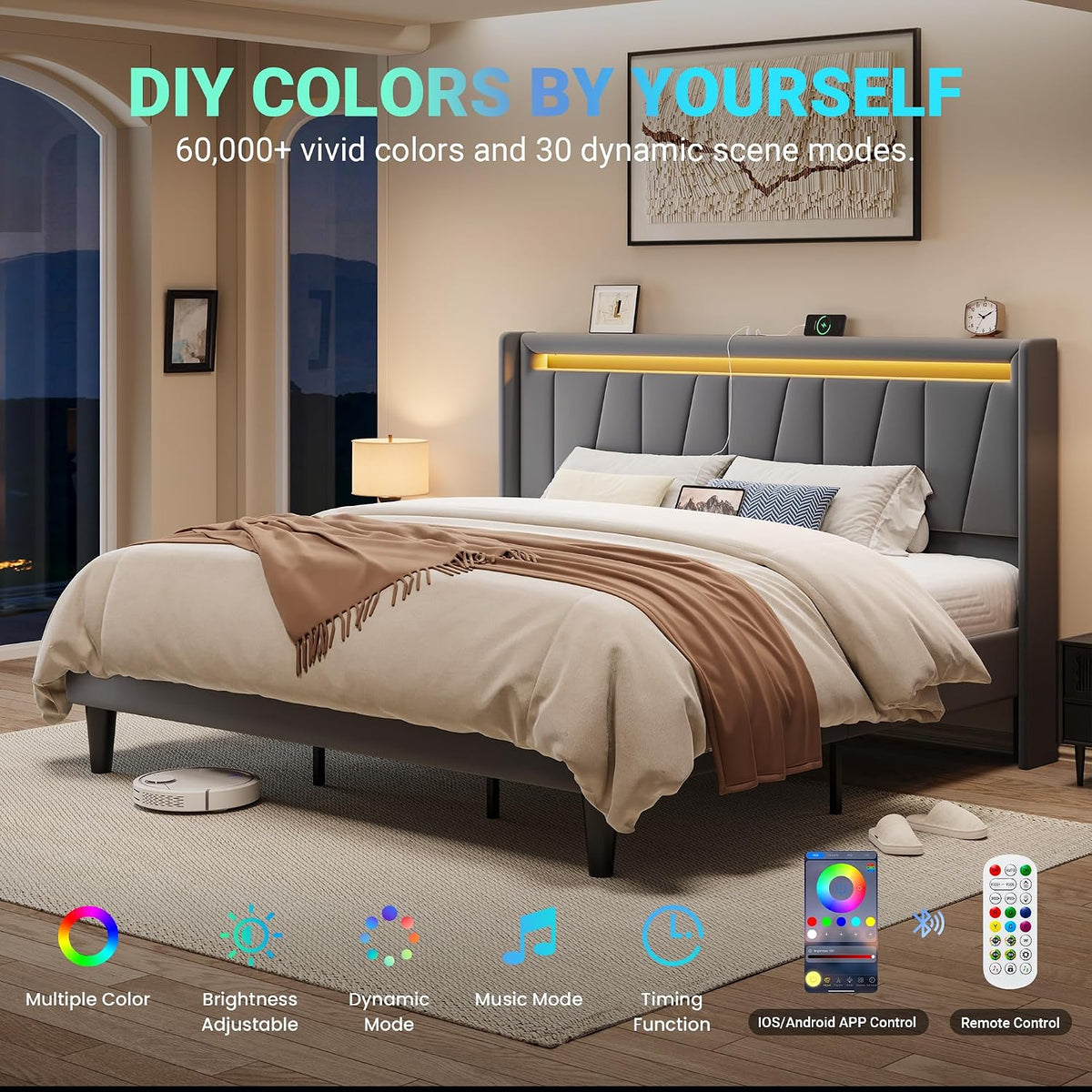 allewie king size led platform bed frame with showing dimensions