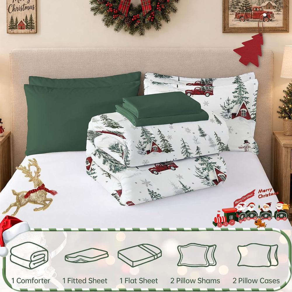 Green Christmas King Size Comforter Set, Christmas Tree Cabin Bedding