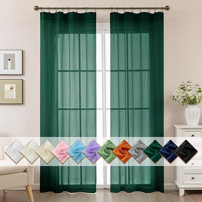 Green Sheer Curtains 84 Inches Long, Privacy Semi Sheer Curtains by ABLUEN