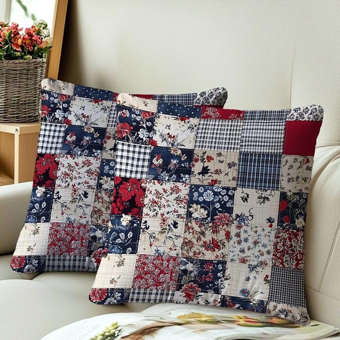 Floral Throw Pillow Covers 18x18 Set of 2 | Decorative Faux Patchwork Cushion - Image 3